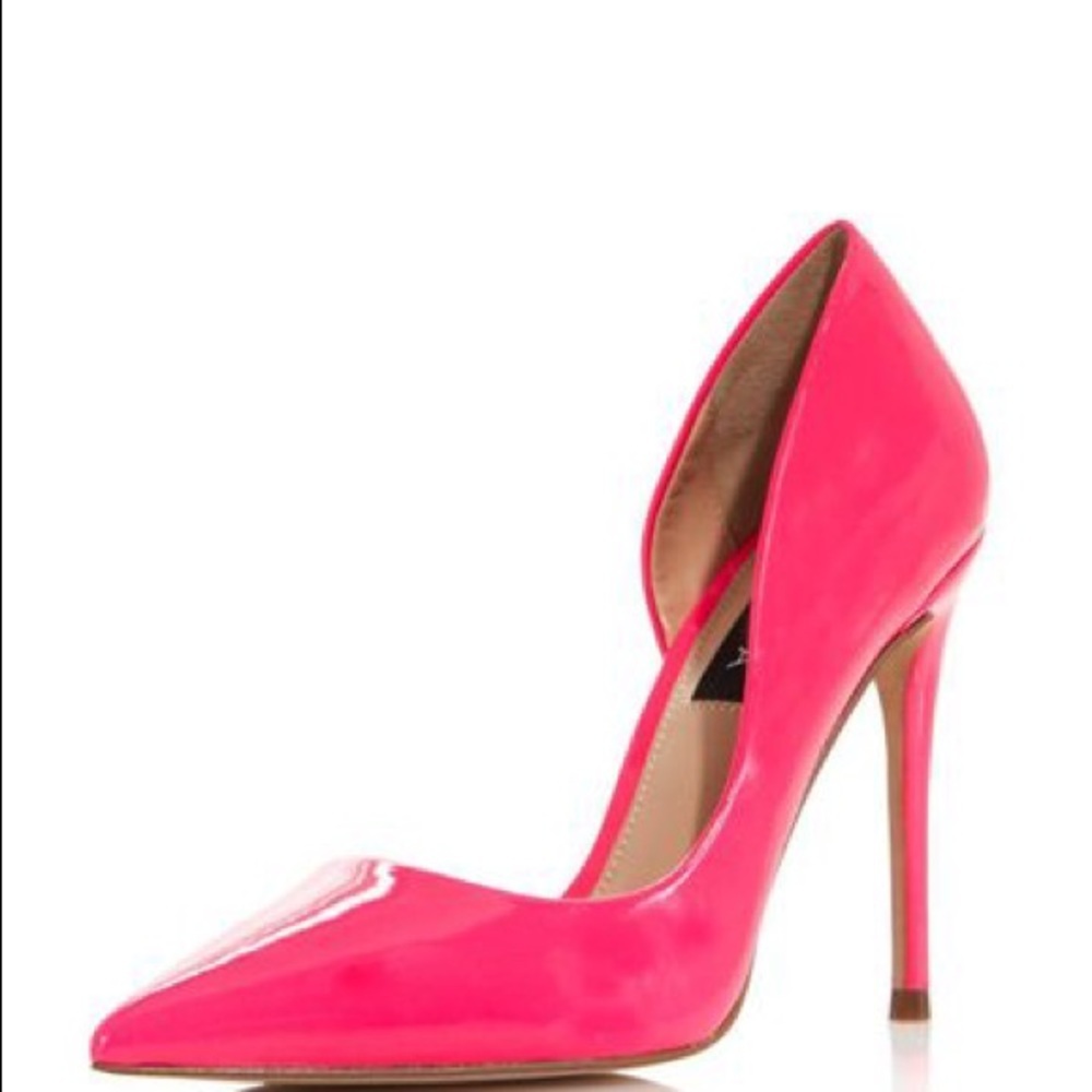 AQUA “DION” HALF D'ORSAY PINK NEON PATENT HEELS 8